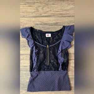Free People Floral Lace Ruffles Accent Scoop Neck Casual Blouse